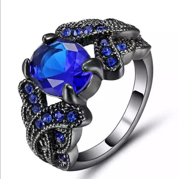 Jewelry - Blue Sapphire 10KT Black Gold Filled Ring Sz 6 NEW